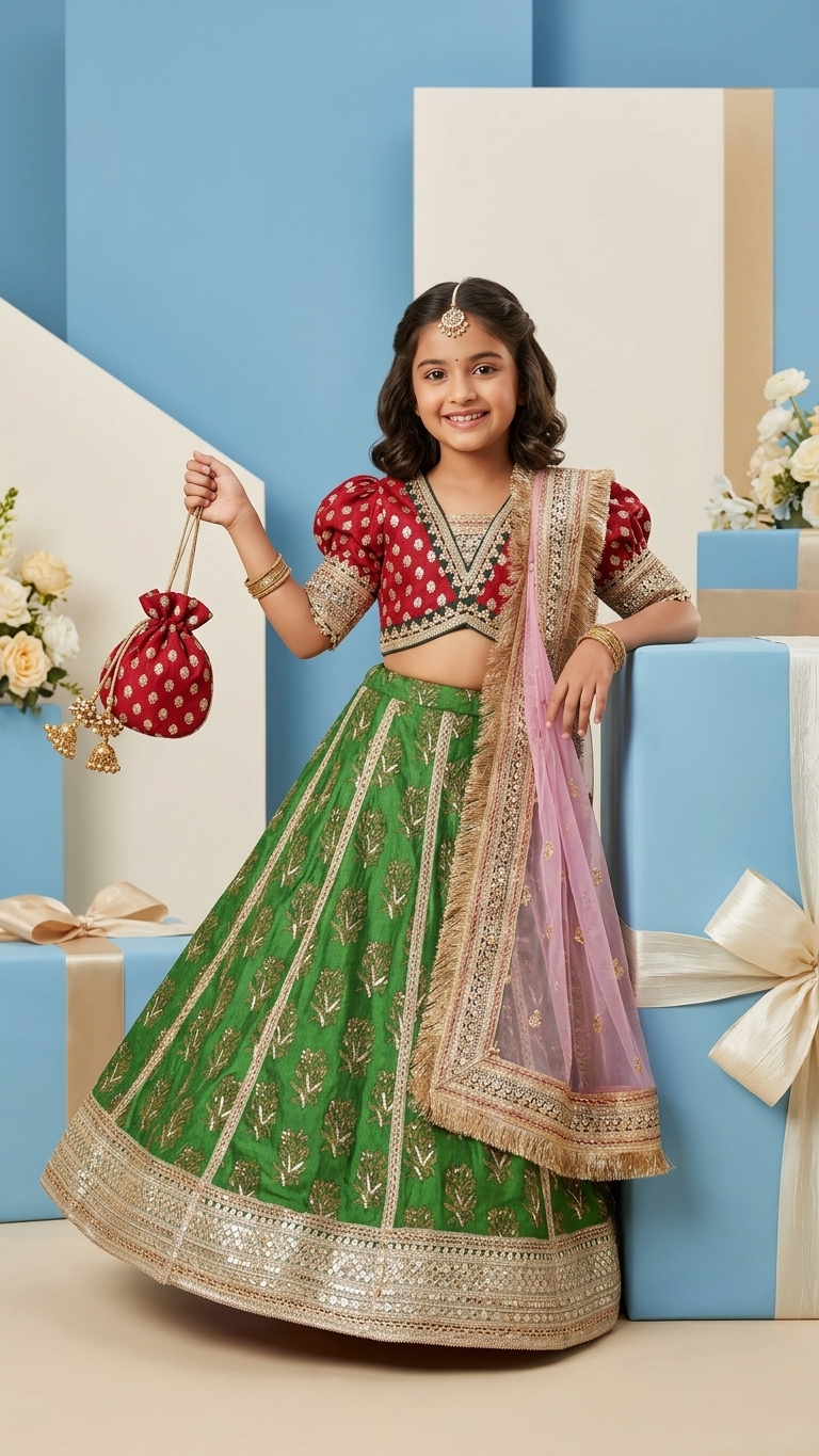 Hand embroidered parrot green lehenga with choli