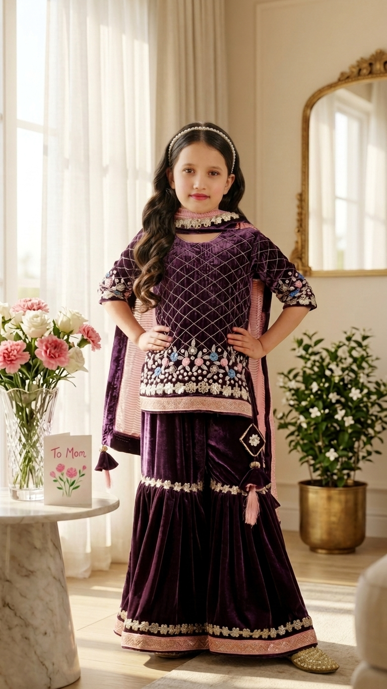 Heavy hand embroidered kurti sharara with pink duppatta