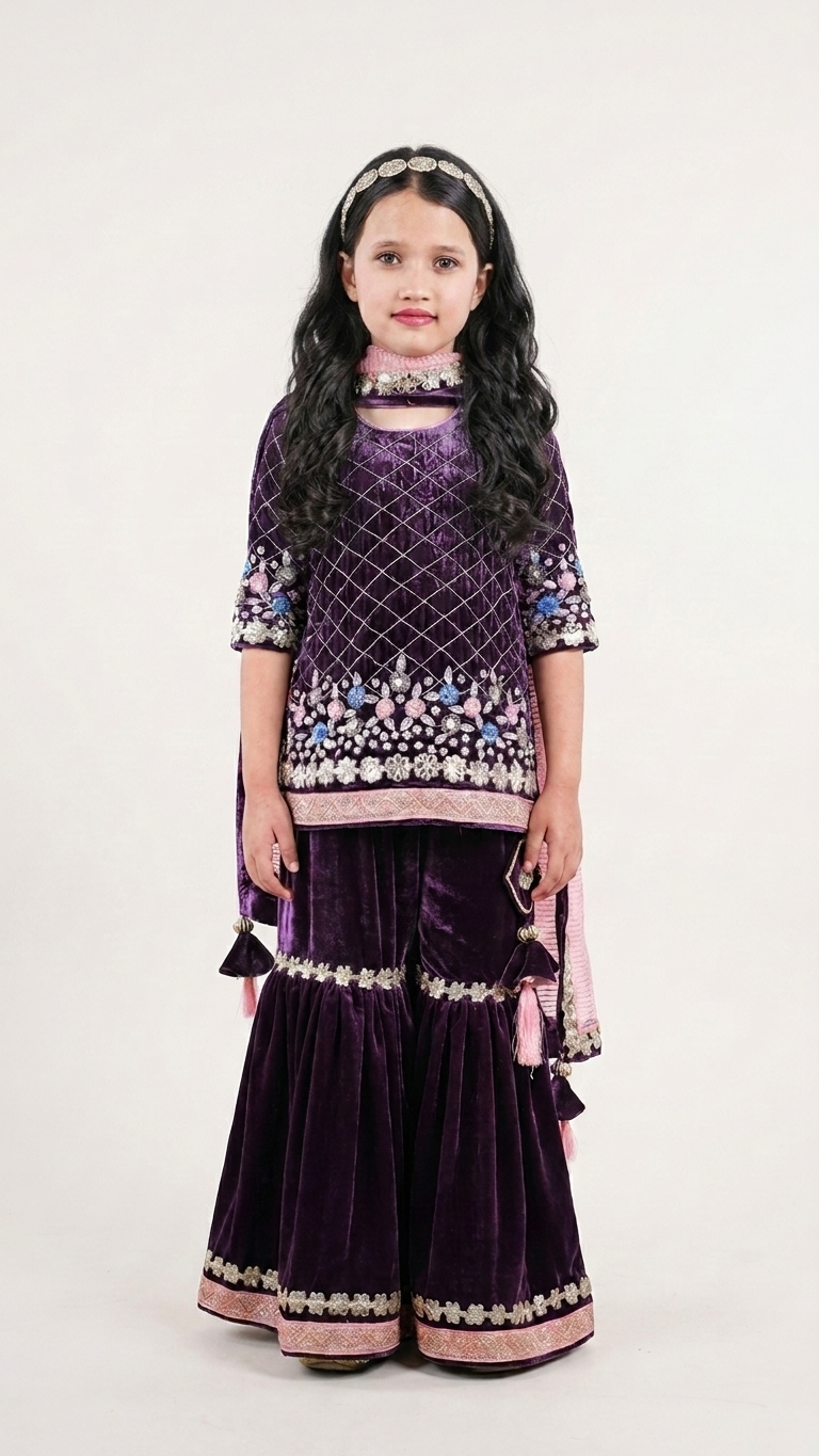 Heavy hand embroidered kurti sharara with pink duppatta