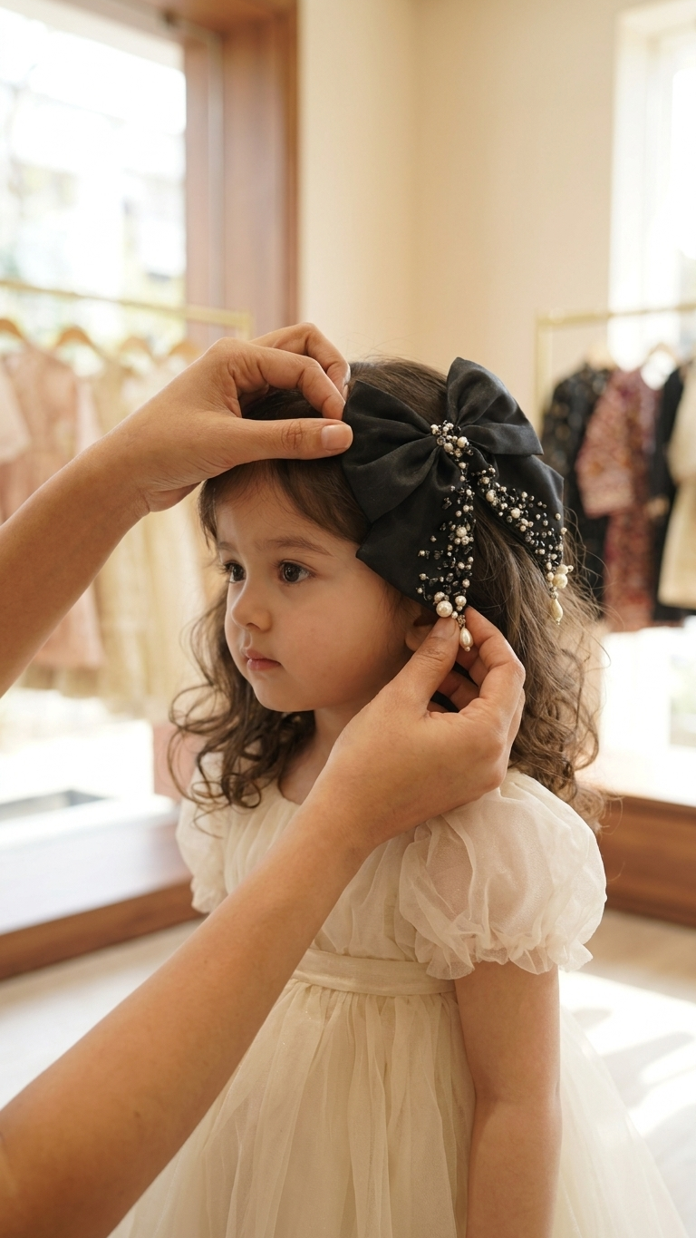 Black Pearl Bow Hair Clip for Girls | Premium Kids Hair Accessory