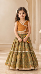 Mustard Gold Choli with Olive Green Printed Lehenga for Girls | Luxury Festive Wear