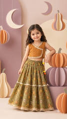 Mustard Gold Choli with Olive Green Printed Lehenga for Girls | Luxury Festive Wear
