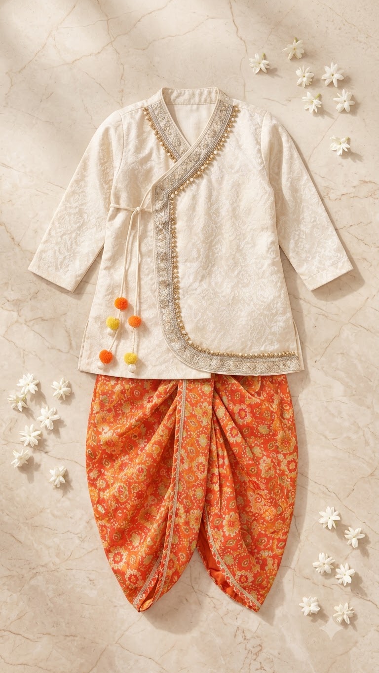 Ivory Embroidered Boys Kurta Set with Red Printed Dhoti Pants | Luxury Festive We