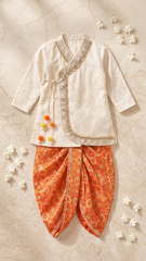 Ivory Embroidered Boys Kurta Set with Red Printed Dhoti Pants | Luxury Festive We