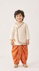 Ivory Embroidered Boys Kurta Set with Red Printed Dhoti Pants | Luxury Festive We