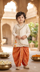 Ivory Embroidered Boys Kurta Set with Red Printed Dhoti Pants | Luxury Festive We