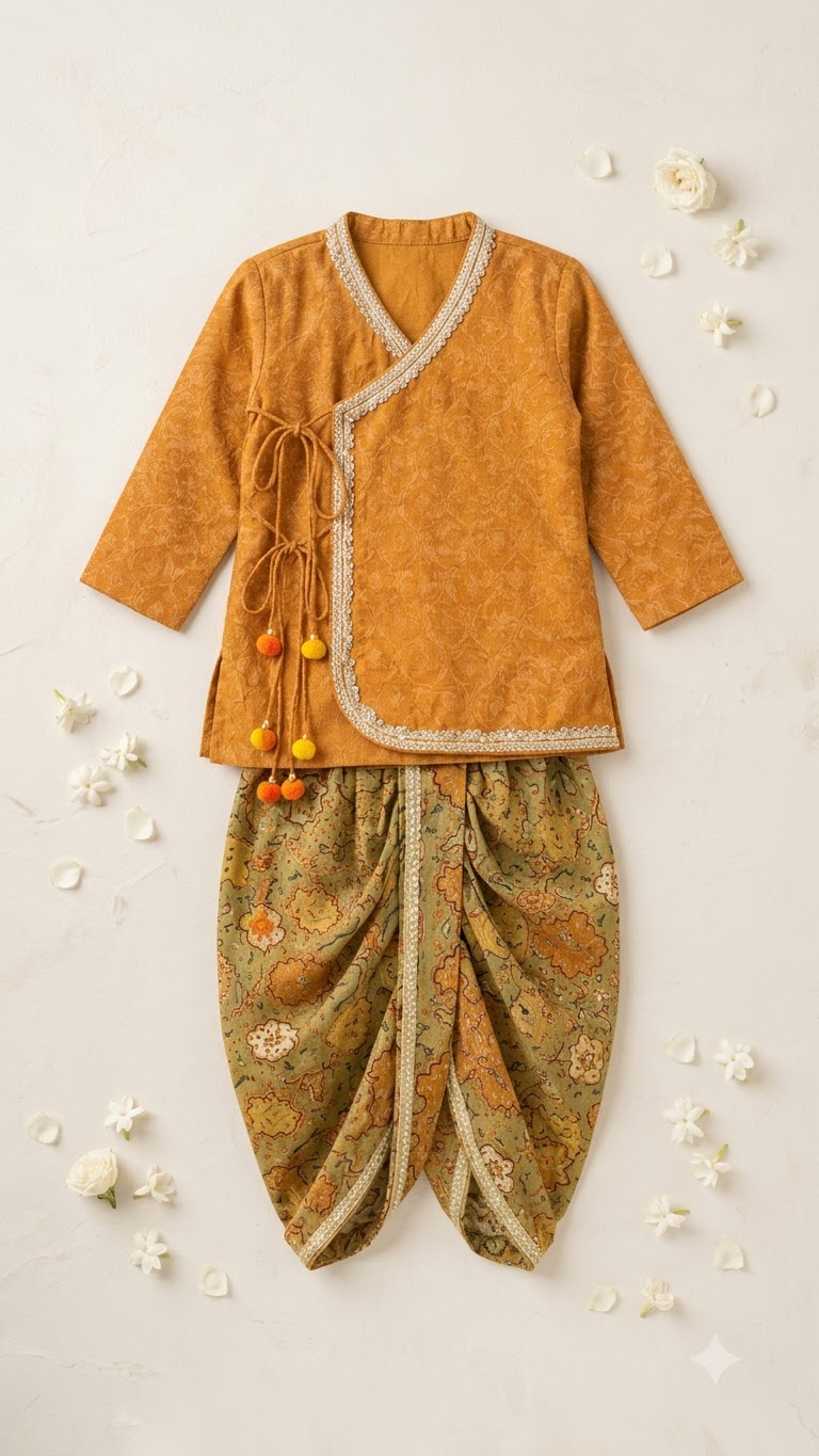 Mustard Gold Embroidered Boys Kurta Set with Olive Green Printed Dhoti Pants | Premium Festive Wear