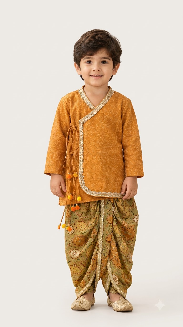 Mustard Gold Embroidered Boys Kurta Set with Olive Green Printed Dhoti Pants | Premium Festive Wear