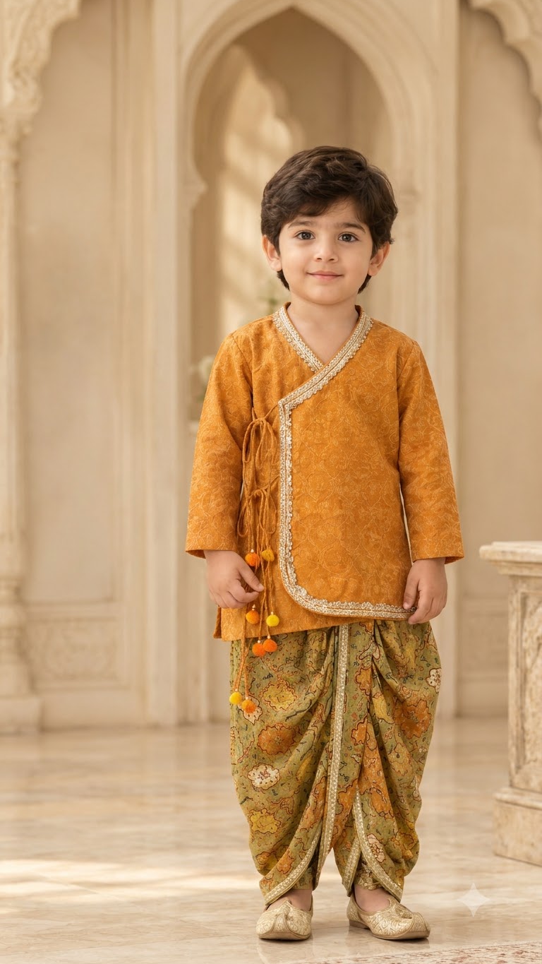 Mustard Gold Embroidered Boys Kurta Set with Olive Green Printed Dhoti Pants | Premium Festive Wear