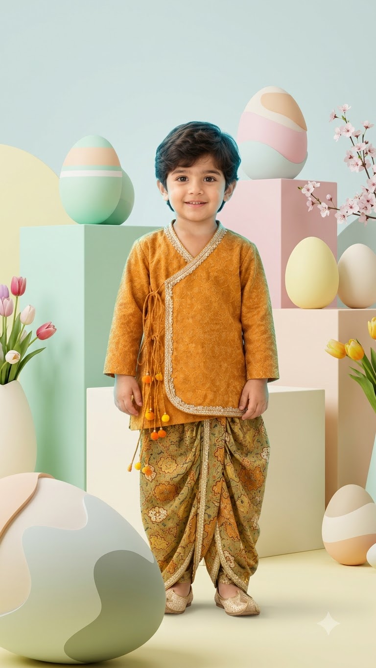 Mustard Gold Embroidered Boys Kurta Set with Olive Green Printed Dhoti Pants | Premium Festive Wear