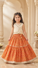 Ivory Embroidered Choli with Orange Printed Lehenga for Girls | Luxury Festive Wear