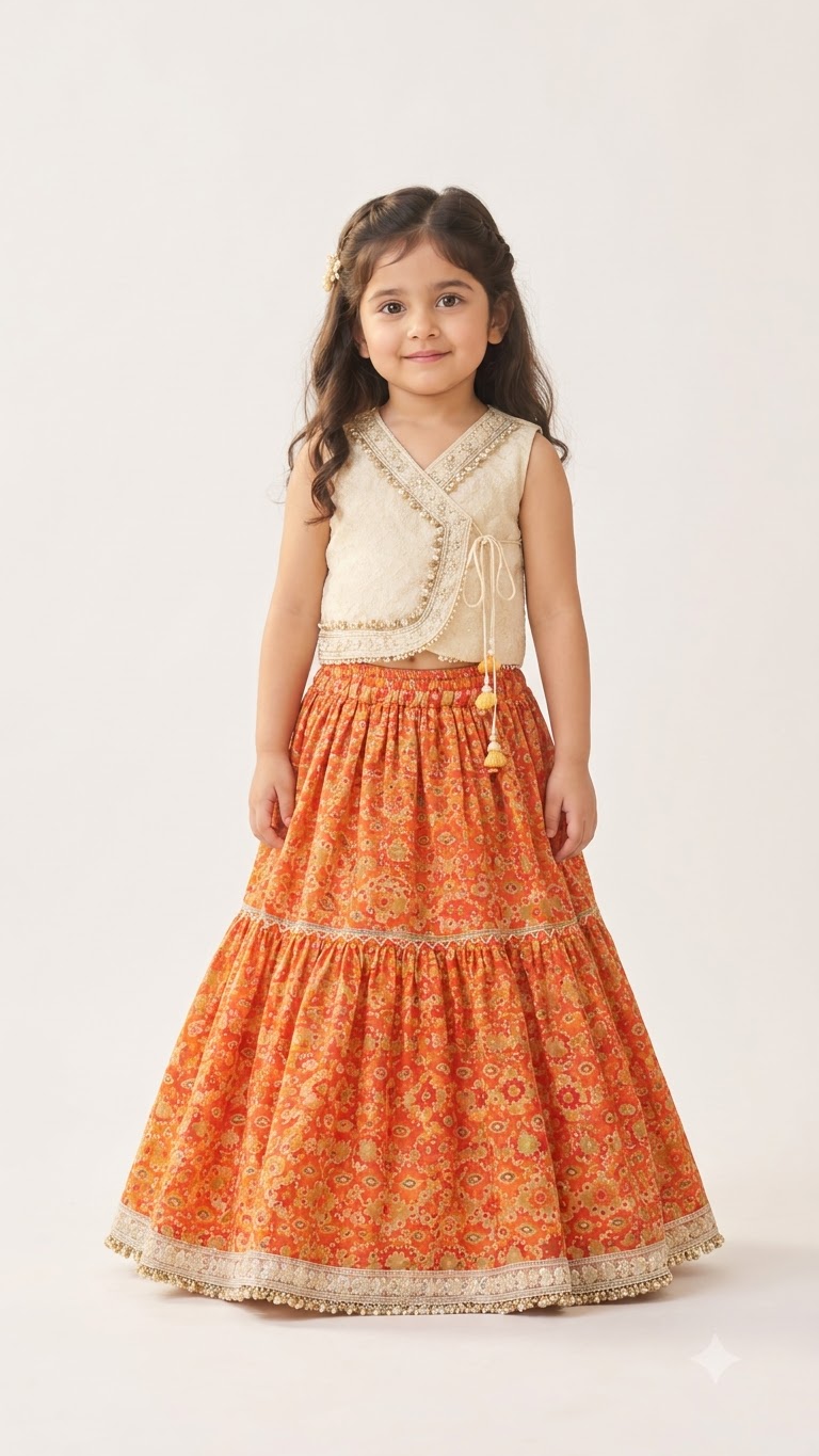 Ivory Embroidered Choli with Orange Printed Lehenga for Girls | Luxury Festive Wear