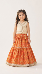 Ivory Embroidered Choli with Orange Printed Lehenga for Girls | Luxury Festive Wear