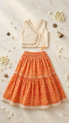 Ivory Embroidered Choli with Orange Printed Lehenga for Girls | Luxury Festive Wear