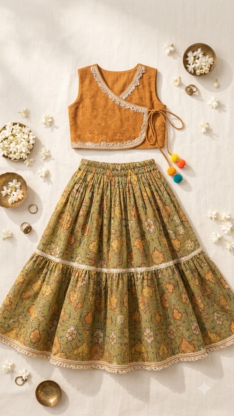 Mustard Gold Choli with Olive Green Printed Lehenga for Girls | Luxury Festive Wear