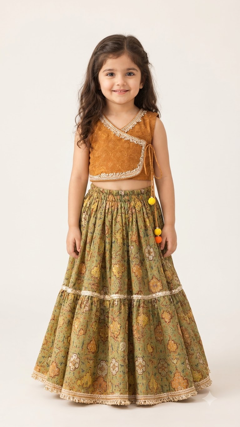 Mustard Gold Choli with Olive Green Printed Lehenga for Girls | Luxury Festive Wear