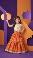 Ivory Embroidered Choli with Orange Printed Lehenga for Girls | Luxury Festive Wear