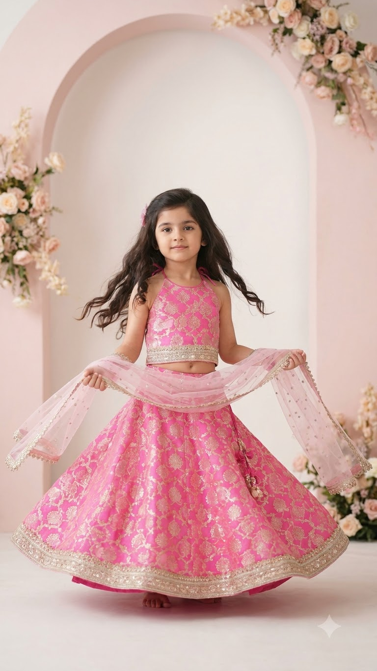 royal pink golden work chanderi lehenga choli set