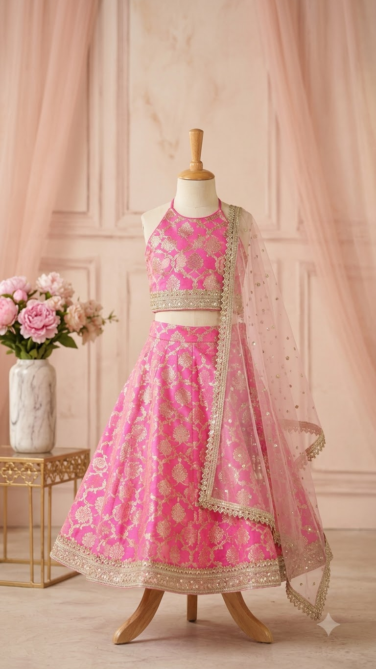 royal pink golden work chanderi lehenga choli set