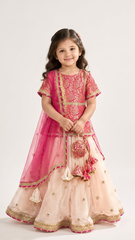 Fuchsia Pink & Peach Zari Work Lehenga Choli with Dupatta & Potli for Girls