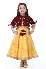 Yellow Anarkali With Marron Velvet Jacket