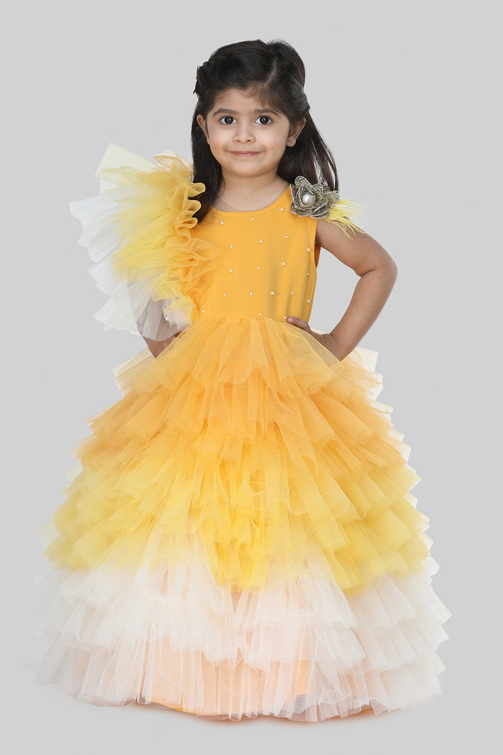 Exquisite Mustard Yellow Floral And Pearl Embellished Ruffled Gown